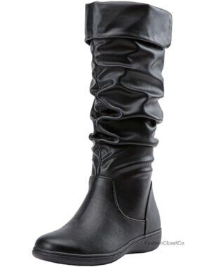 Women's Knee High Slouch Flat Boots Faux Leather Suede Pull On